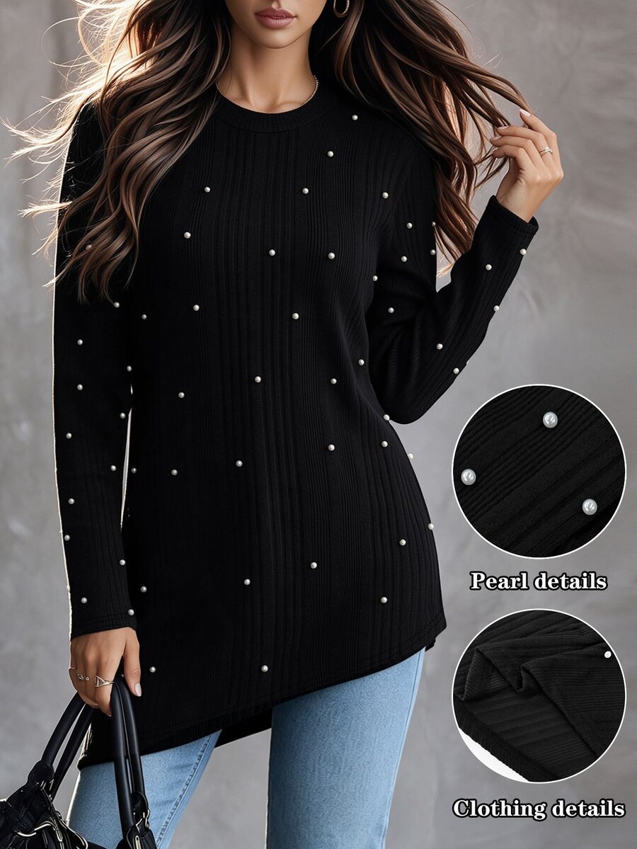SHEIN LUNE Plus Size Fashion Beaded Decor Asymmetrical Hem T-Shirt - Black - View 1