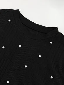 SHEIN LUNE Plus Size Fashion Beaded Decor Asymmetrical Hem T-Shirt - Black - View 6