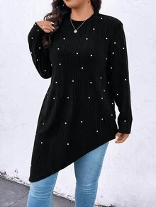SHEIN LUNE Plus Size Fashion Beaded Decor Asymmetrical Hem T-Shirt - Black - View 4