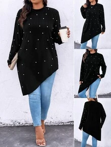 SHEIN LUNE Plus Size Fashion Beaded Decor Asymmetrical Hem T-Shirt - Black - View 5