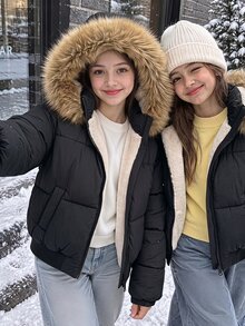 SHEIN 女童加厚保暖內裡黑色連帽夾克，腰部拉鍊，純色毛領，街頭風可愛長袖冬季外套，Y2K風格夜店風 - 黑與白 - 查看 1