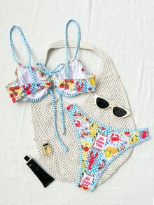 SHEIN Swim 2件組檸檬蝦與海洋印花細肩帶墊胸後扣對比飾邊休閒度假比基尼泳衣女款 - 彩色 - 查看 2