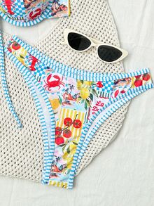 SHEIN Swim 2件組檸檬蝦與海洋印花細肩帶墊胸後扣對比飾邊休閒度假比基尼泳衣女款 - 彩色 - 查看 7