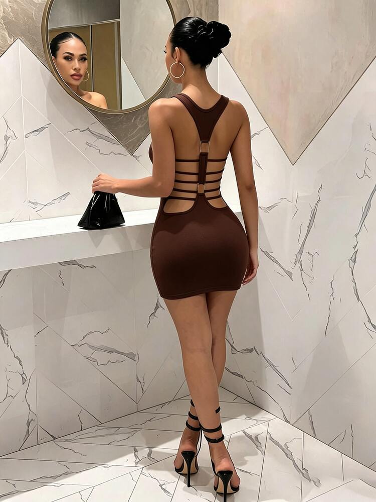 BamGleam Women's Solid Color Backless Square Neck Sleeveless Fitted Sexy Dress - Brown - View 2