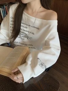 DAZY Women's One Shoulder Letter Print Fashion Casual Sweatshirt - White - View 1