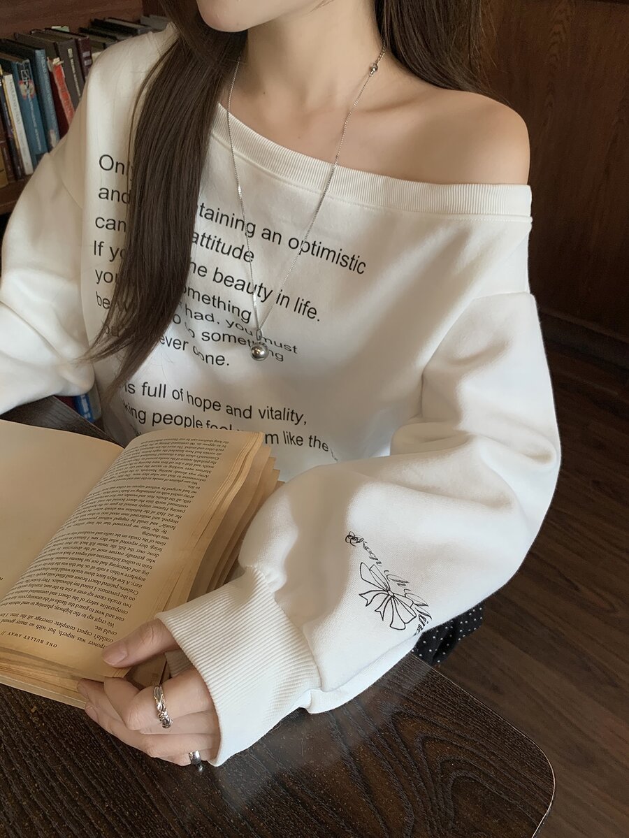 DAZY Women's One Shoulder Letter Print Fashion Casual Sweatshirt - White - View 1