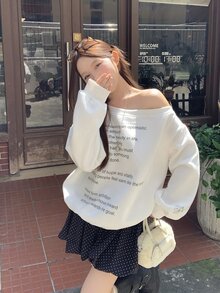 DAZY Women's One Shoulder Letter Print Fashion Casual Sweatshirt - White - View 3