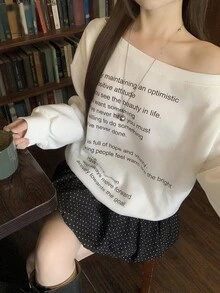 DAZY Women's One Shoulder Letter Print Fashion Casual Sweatshirt - White - View 5