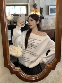 DAZY Women's One Shoulder Letter Print Fashion Casual Sweatshirt - White - View 2