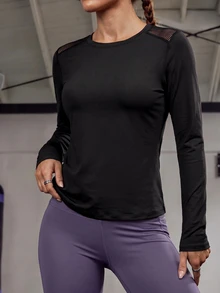 WanderVale Women's Outdoor Long Sleeve Round Neck Back Cutout Striped Mesh Solid Color T-Shirt - Black - View 4