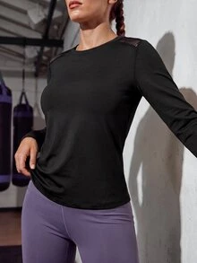 WanderVale Women's Outdoor Long Sleeve Round Neck Back Cutout Striped Mesh Solid Color T-Shirt - Black - View 3