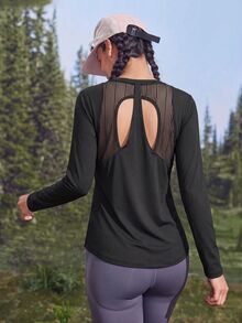 WanderVale Women's Outdoor Long Sleeve Round Neck Back Cutout Striped Mesh Solid Color T-Shirt - Black - View 6