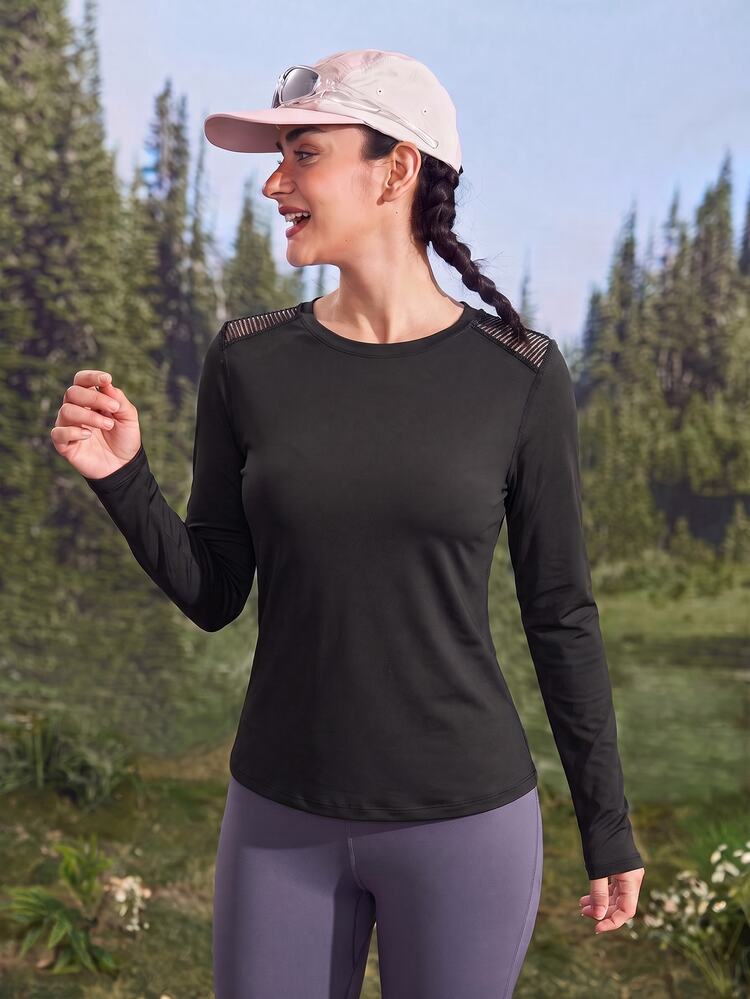 WanderVale Women's Outdoor Long Sleeve Round Neck Back Cutout Striped Mesh Solid Color T-Shirt - Black - View 7