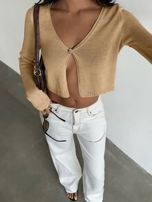 FavEase 女款金色時尚百搭休閒通勤派對穿搭秋冬薄款開襟衫 - 金色 - 查看 5