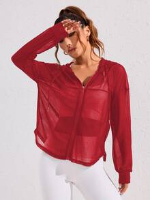 Eassivo Eassivo Women's Casual Sport Style Plain Zip Up Drawstring Hoodie Mesh See-Through Jacket - Red - View 9