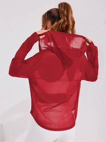 Eassivo Eassivo Women's Casual Sport Style Plain Zip Up Drawstring Hoodie Mesh See-Through Jacket - Red - View 3