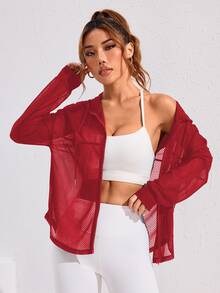 Eassivo Eassivo Women's Casual Sport Style Plain Zip Up Drawstring Hoodie Mesh See-Through Jacket - Red - View 7
