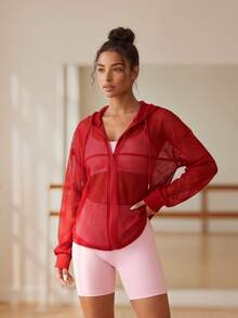 Eassivo Eassivo Women's Casual Sport Style Plain Zip Up Drawstring Hoodie Mesh See-Through Jacket - Red - View 2