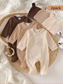 2pcs Newborn Long Sleeve Footed Romper, Knitted Soft Cute Bear Embroidery Pattern Loungewear, Home Wear Family Matching, Beige Autumn Gender Neutral - Apricot - View 2