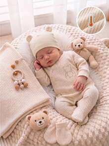 2pcs Newborn Long Sleeve Footed Romper, Knitted Soft Cute Bear Embroidery Pattern Loungewear, Home Wear Family Matching, Beige Autumn Gender Neutral - Apricot - View 8