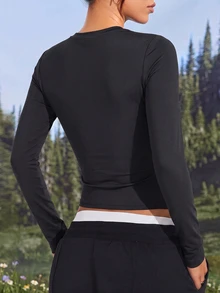 WanderVale Women's Solid Color Patchwork Side Cutout Long Sleeve Summer Sexy Slim Fit T-Shirt - Black - View 7