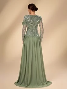 Serin 優雅正式橄欖綠秋季晚禮服，飾有珠飾亮片泡泡袖刺繡蕾絲拼接雪紡抓皺透視袖大裙擺，適合婚禮派對 - 綠色 - 查看 3