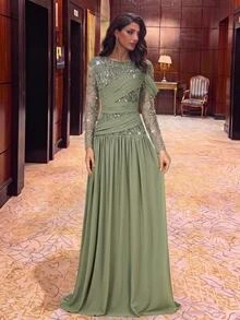 Serin 優雅正式橄欖綠秋季晚禮服，飾有珠飾亮片泡泡袖刺繡蕾絲拼接雪紡抓皺透視袖大裙擺，適合婚禮派對 - 綠色 - 查看 4