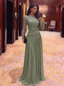 Serin 優雅正式橄欖綠秋季晚禮服，飾有珠飾亮片泡泡袖刺繡蕾絲拼接雪紡抓皺透視袖大裙擺，適合婚禮派對 - 綠色 - 查看 2