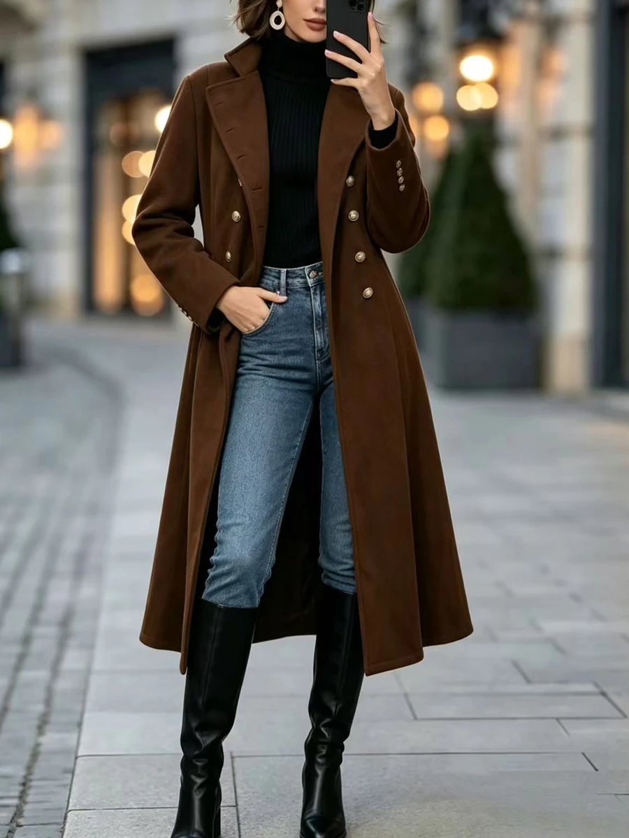 Velvienne Plus Size Elegant Street Style Button Long Sleeve Overcoat Winter - Coffee Brown - View 1