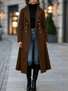 Velvienne Plus Size Elegant Street Style Button Long Sleeve Overcoat Winter - Coffee Brown - View 4