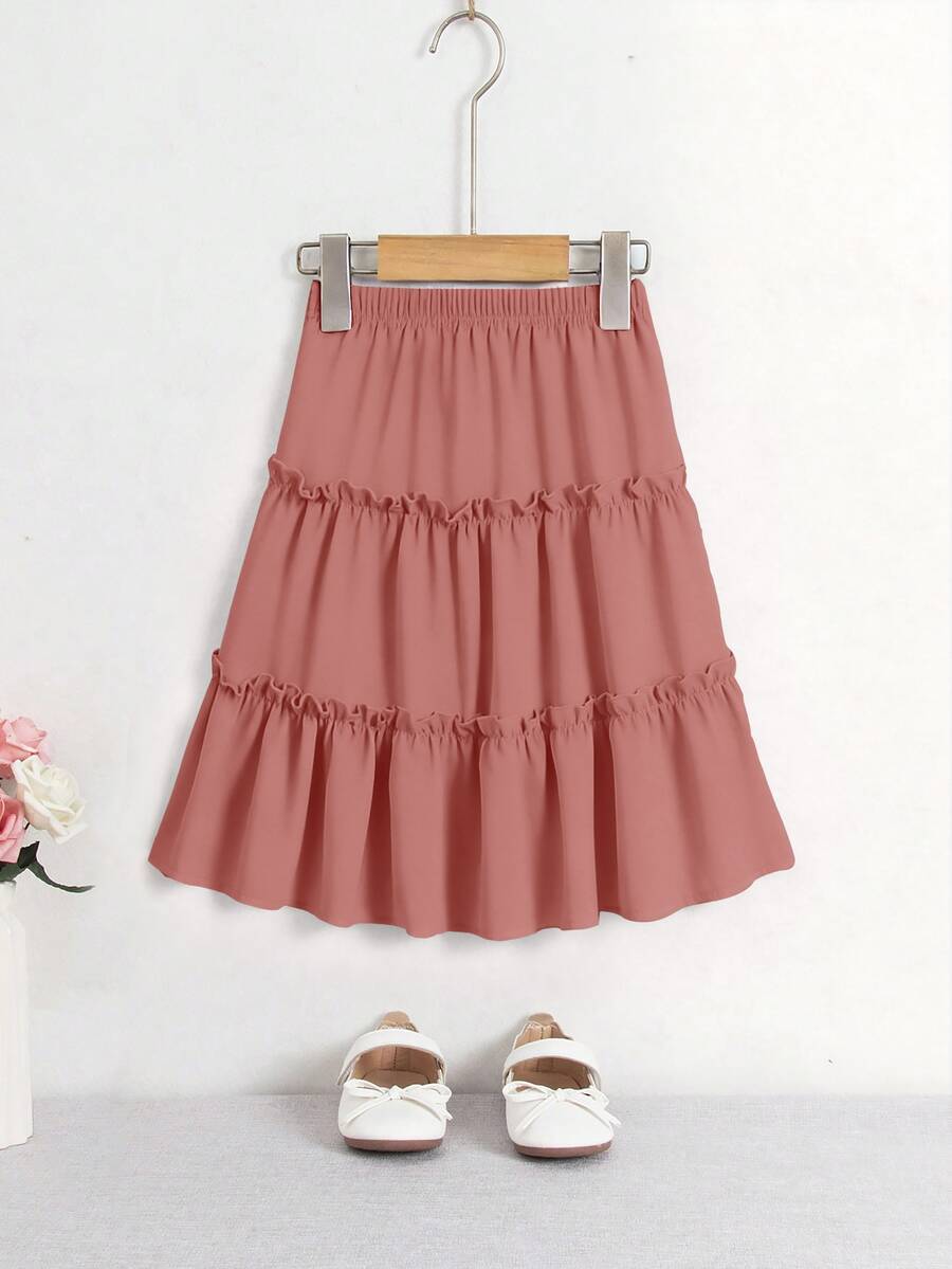 SHEIN Girls' Casual Fairy Princess Pink Chiffon Ruffle Hem Skirt, Suitable For Spring, Summer, Autumn, Versatile For Outings, 7th Birthday Kindergarten