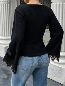 Selianne 女款秋冬收腰抓皺蕾絲飾邊拼接休閒通勤T恤上衣 - 黑色 - 查看 2