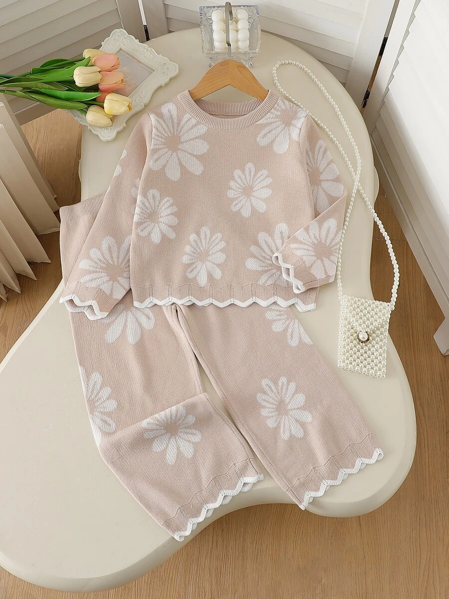 Souflis Cute Floral Crew Neck Knit Top & Knitted Pants Set For Young Girl Autumn Winter - Multicolor - View 1