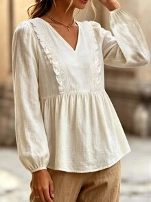 SHEIN Women's Fall Cotton V-Neck Puff Sleeve Lace Ruffle Patchwork Pleated Texture Hem Long Sleeve Blouse, Suitable For Daily Commute, Date, Shopping - Apricot - View 7