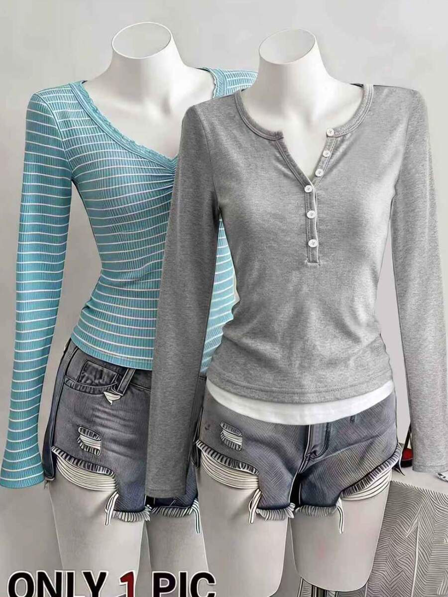 SHEIN Teen Girls Autumn Tops Grey Patchwork White Hem V-Neck Button Design Long Sleeve Casual Cute Baggy Versatile T-Shirt School Sixth Form Formal Birthday - Grey - View 1