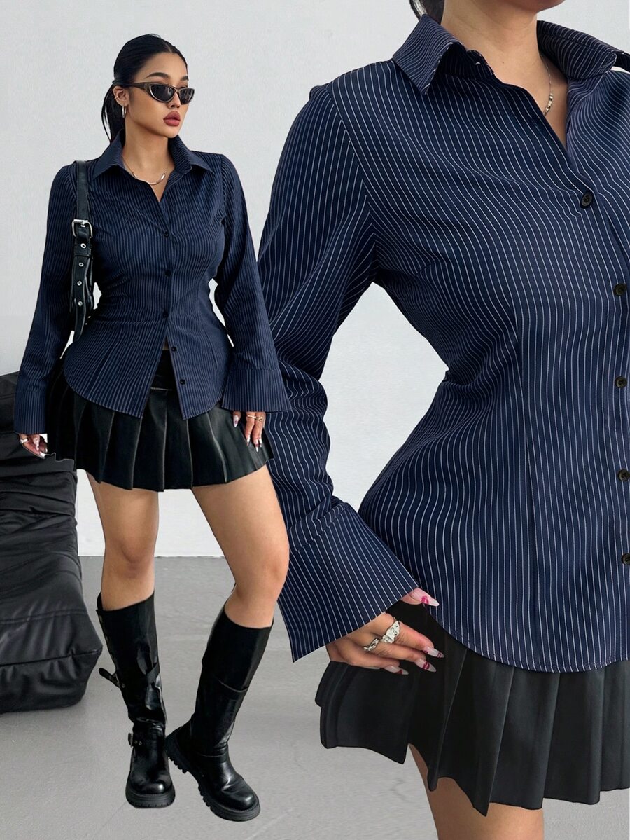 POPSWAY Plus Size Collegiate Striped Slim Fit Long Sleeve Shirt - Navy Blue - View 1