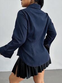 POPSWAY Plus Size Collegiate Striped Slim Fit Long Sleeve Shirt - Navy Blue - View 2