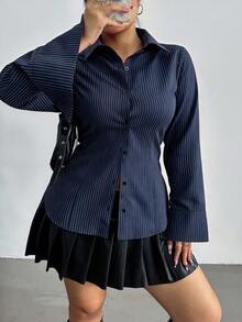 POPSWAY Plus Size Collegiate Striped Slim Fit Long Sleeve Shirt - Navy Blue - View 3