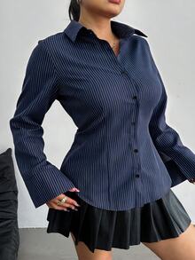POPSWAY Plus Size Collegiate Striped Slim Fit Long Sleeve Shirt - Navy Blue - View 5