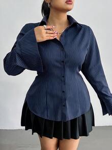 POPSWAY Plus Size Collegiate Striped Slim Fit Long Sleeve Shirt - Navy Blue - View 4