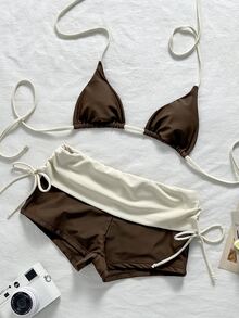 Elavelle Colorblock Bikini Set, Includes Halter Triangle Top And High-Waist Wrap Shorts. Flattering And Slimming. Suitable For Beach Travel, Seaside Vacation And Hot Springs Summer Holiday Swimwear. - Coffee Brown - View 5