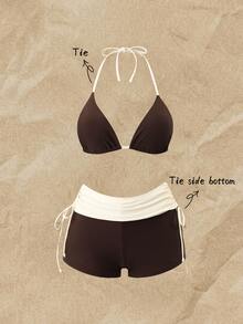 Elavelle Colorblock Bikini Set, Includes Halter Triangle Top And High-Waist Wrap Shorts. Flattering And Slimming. Suitable For Beach Travel, Seaside Vacation And Hot Springs Summer Holiday Swimwear. - Coffee Brown - View 1