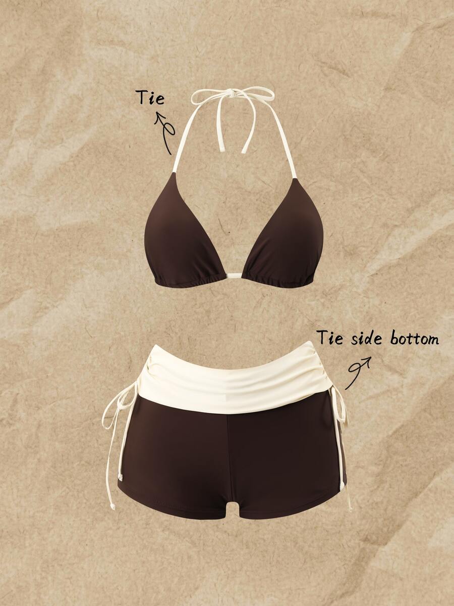 Elavelle Colorblock Bikini Set, Includes Halter Triangle Top And High-Waist Wrap Shorts. Flattering And Slimming. Suitable For Beach Travel, Seaside Vacation And Hot Springs Summer Holiday Swimwear. - Coffee Brown - View 1