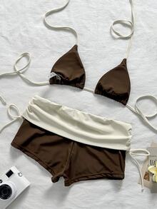 Elavelle Colorblock Bikini Set, Includes Halter Triangle Top And High-Waist Wrap Shorts. Flattering And Slimming. Suitable For Beach Travel, Seaside Vacation And Hot Springs Summer Holiday Swimwear. - Coffee Brown - View 3