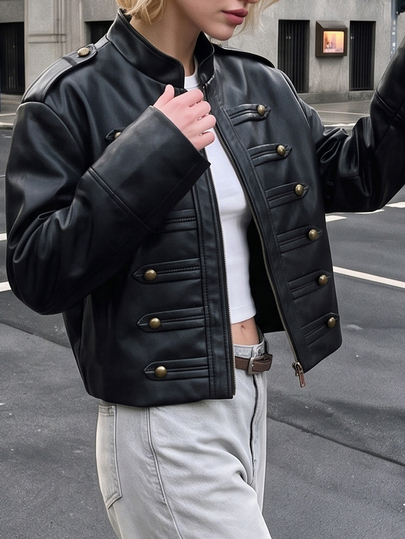 Struktiv Damen Militärstil Kurzjacke aus Wollmischung, Epauletten-Dekor Knopfdetail Stehkragen Kurzmantel, Street Fashion Outfit, Alltagskleidung, Herbst