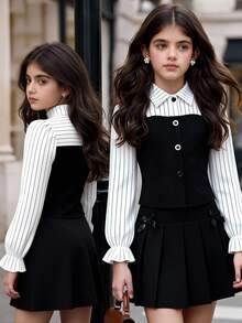 SHEIN Tween Girls Fall Outfits 2pcs/Set Plaid Collared Puff Sleeve Cardigan Top With Elastic Waist Pleated Mini Skirt, Academic Style For Spring & Autumn - Black and White - View 1