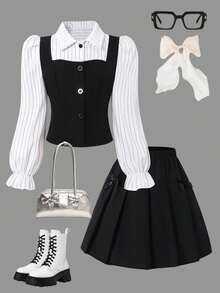SHEIN Tween Girls Fall Outfits 2pcs/Set Plaid Collared Puff Sleeve Cardigan Top With Elastic Waist Pleated Mini Skirt, Academic Style For Spring & Autumn - Black and White - View 3