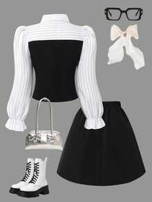 SHEIN Tween Girls Fall Outfits 2pcs/Set Plaid Collared Puff Sleeve Cardigan Top With Elastic Waist Pleated Mini Skirt, Academic Style For Spring & Autumn - Black and White - View 2