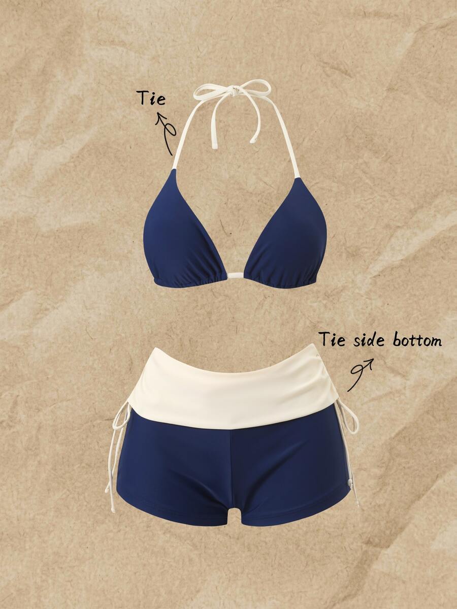Elavelle Color-Blocked Bikini Set Consisting Of A Neck-Girdle Triangle Cup And High-Waist Wrap Shorts. Slimming And Covering Body Fat. Summer Vacation Swimwear