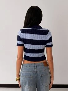 Glamine Charm Women's Blue Striped Collared Short Sleeve Knit Sweater, Sporty Casual Everyday Wear For Autumn - Multicolor - View 2